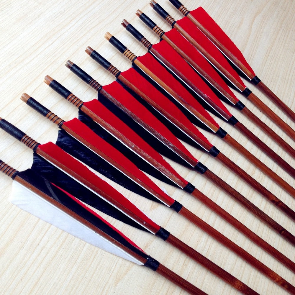 12 Pcs Traditional Bamboo Arrows with Red and Black 3 color Feathers