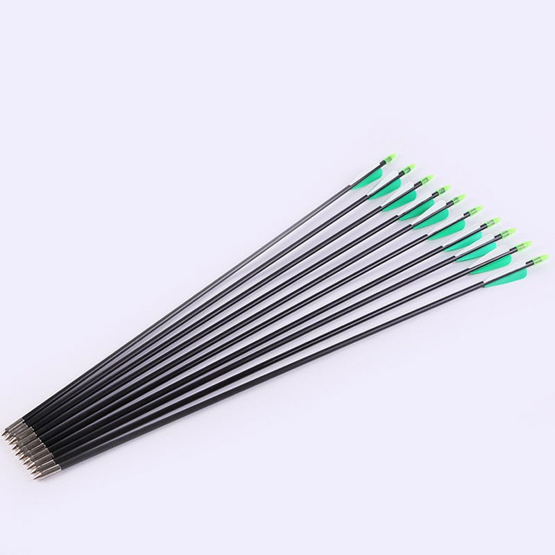 12 PCS New Fiberglass Arrows  with Green White Feather Length 79cm Spine 600